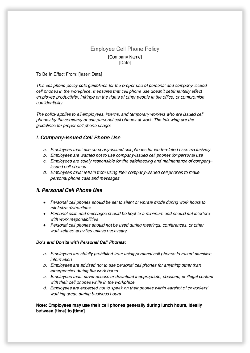 Employee Cell Phone Policy Template - Cover shadow